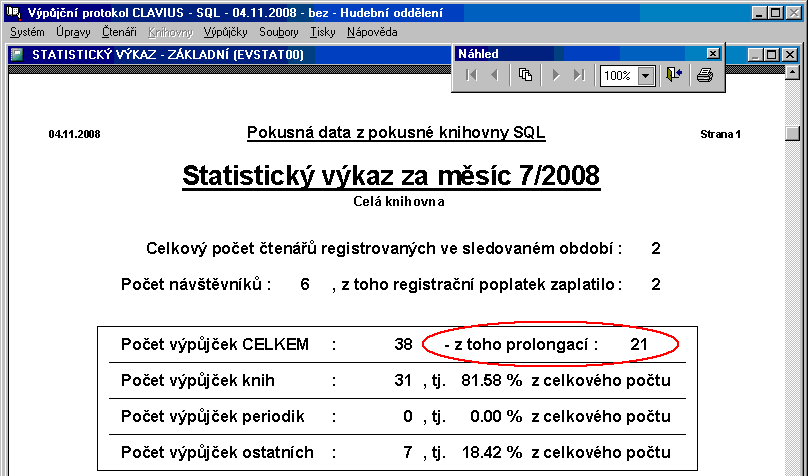 Ukázka výstupní sestavy statistického výkazu s počtem prolongací