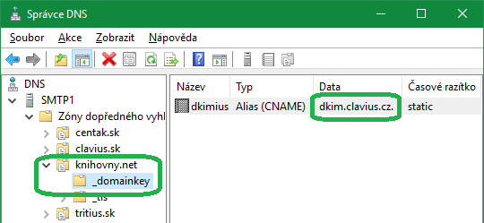 DNS záznam dkimius typu CNAME ve&nbsp;Windows