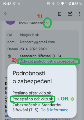 Ověření podpisu DKIM v&nbsp;mobilní aplikaci Gmail