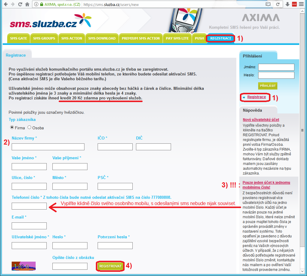 Registrace na sms.sluzba.cz